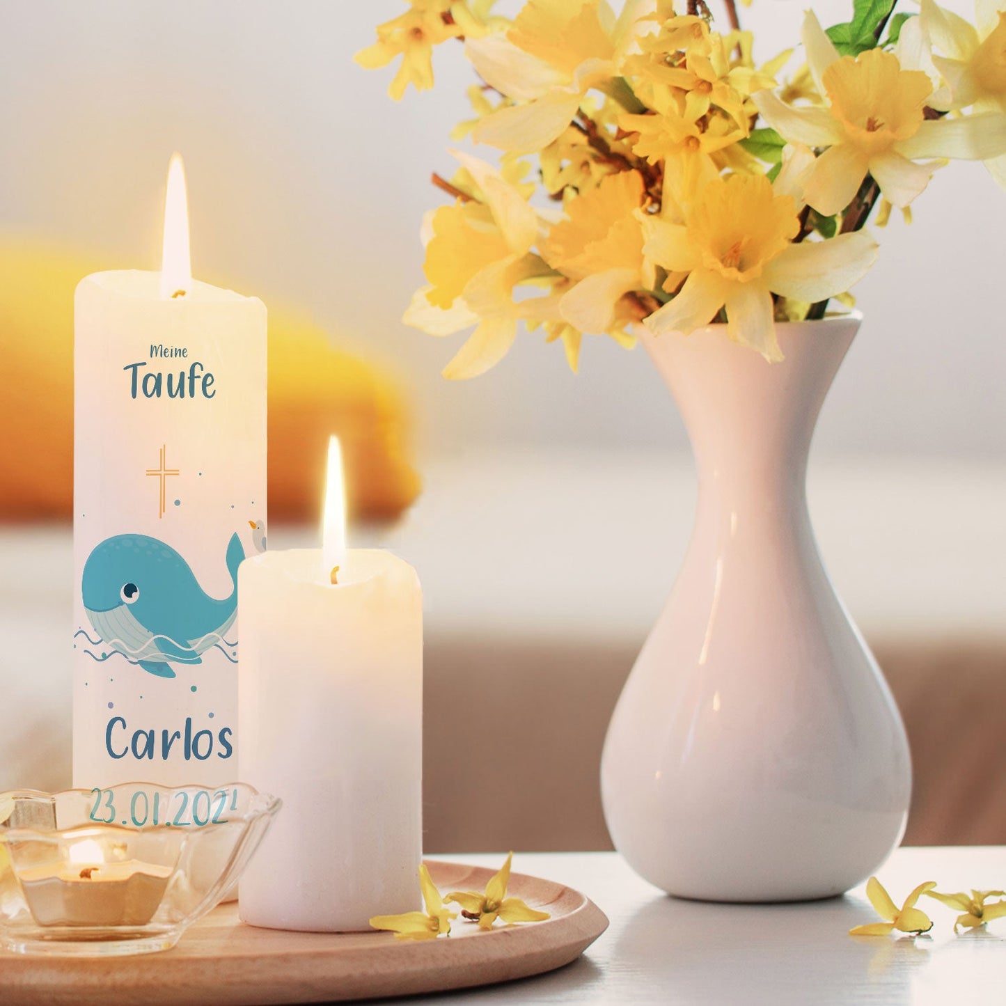 Große Kerze "Wal" - Taufkerze mit Namen, Datum & Taufspruch