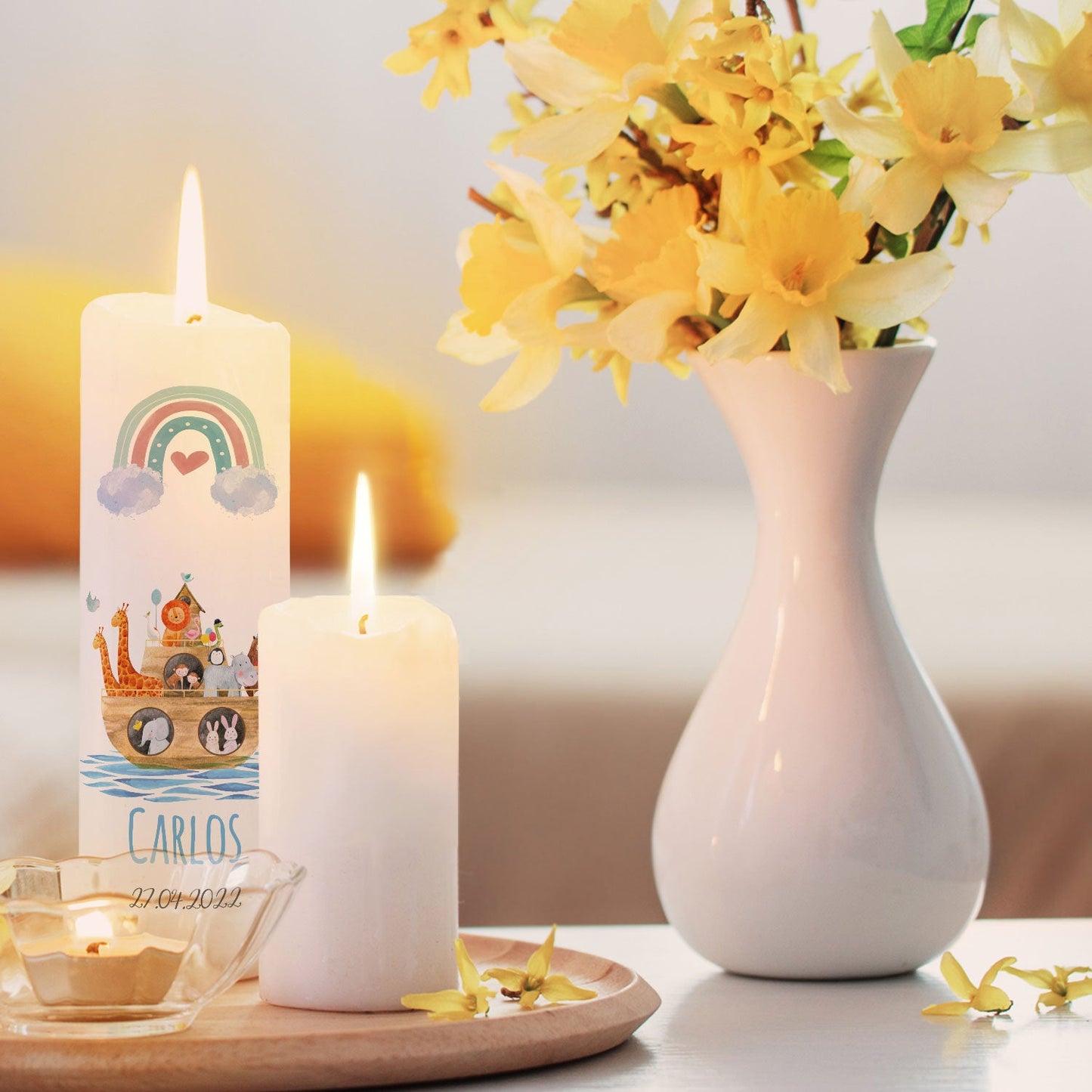 Große Kerze "Arche Regenbogen" - Taufkerze mit Namen, Datum & Wunschtext