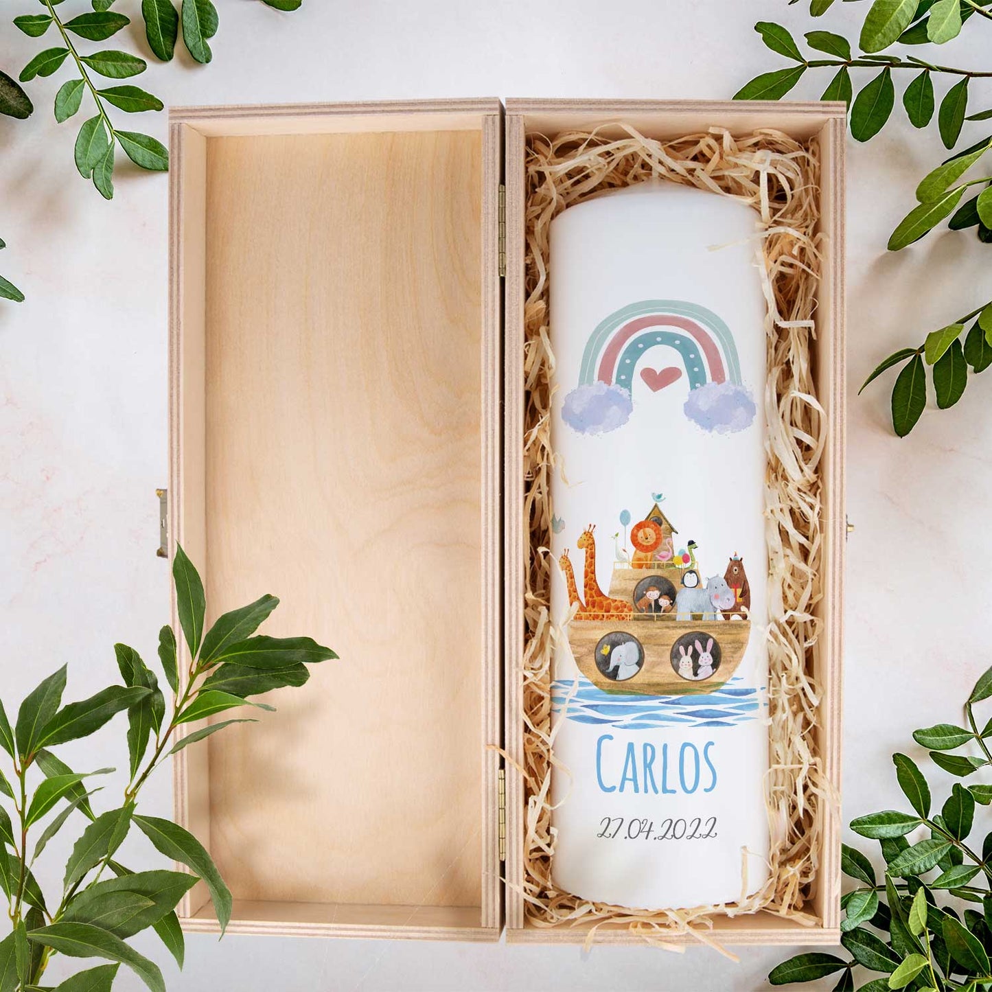 Große Kerze "Arche Regenbogen" - Taufkerze mit Namen, Datum & Wunschtext