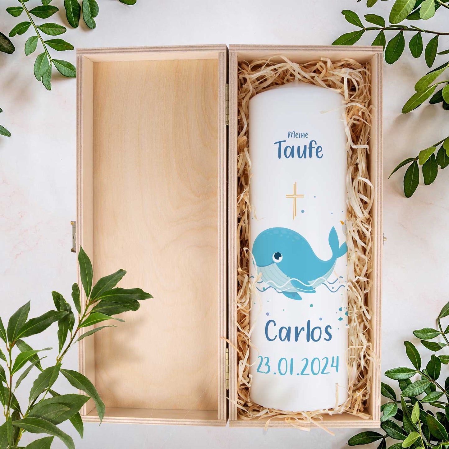 Große Kerze "Wal" - Taufkerze mit Namen, Datum & Taufspruch