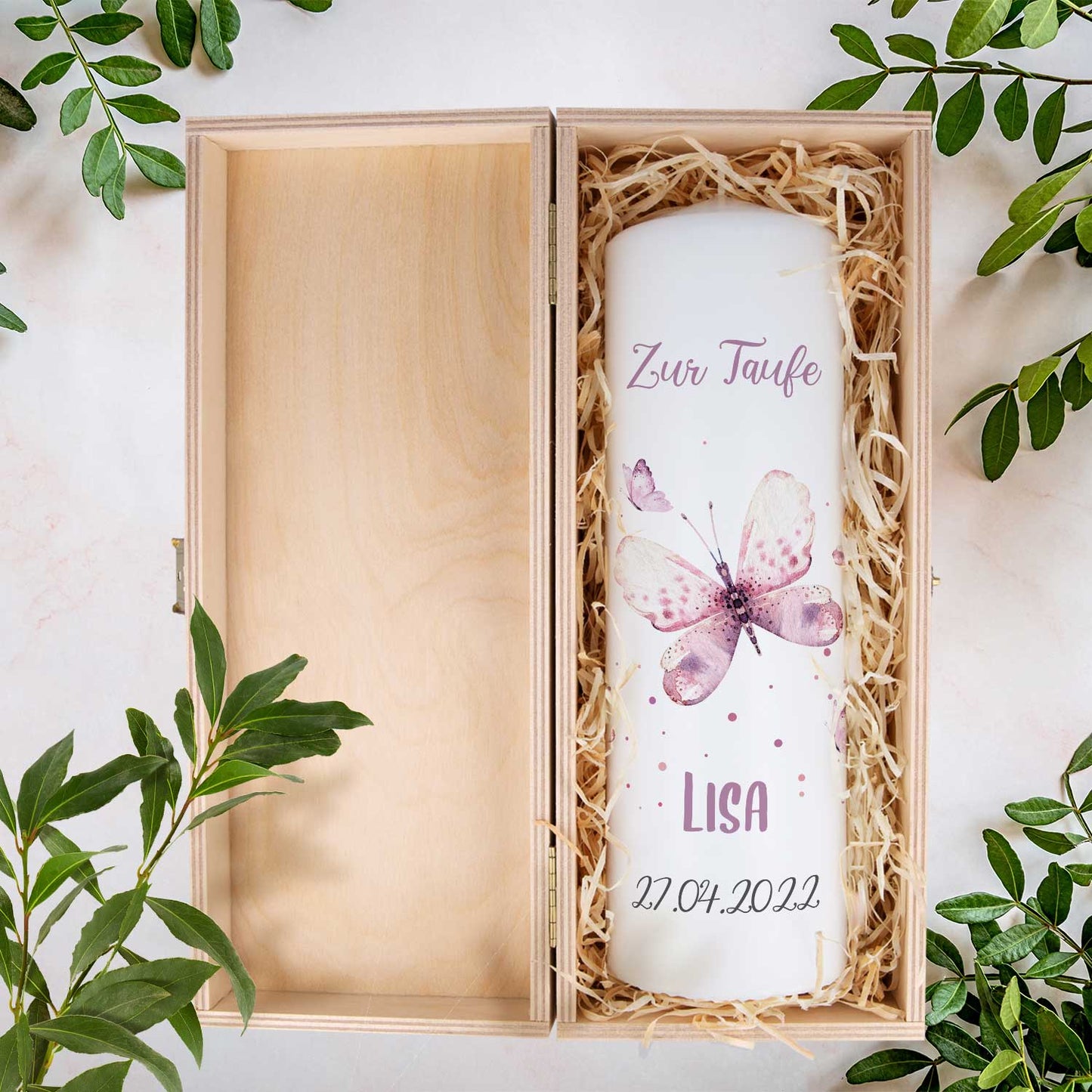 Große Kerze "Schmetterling V2" - Taufkerze mit Namen, Datum & Taufspruch
