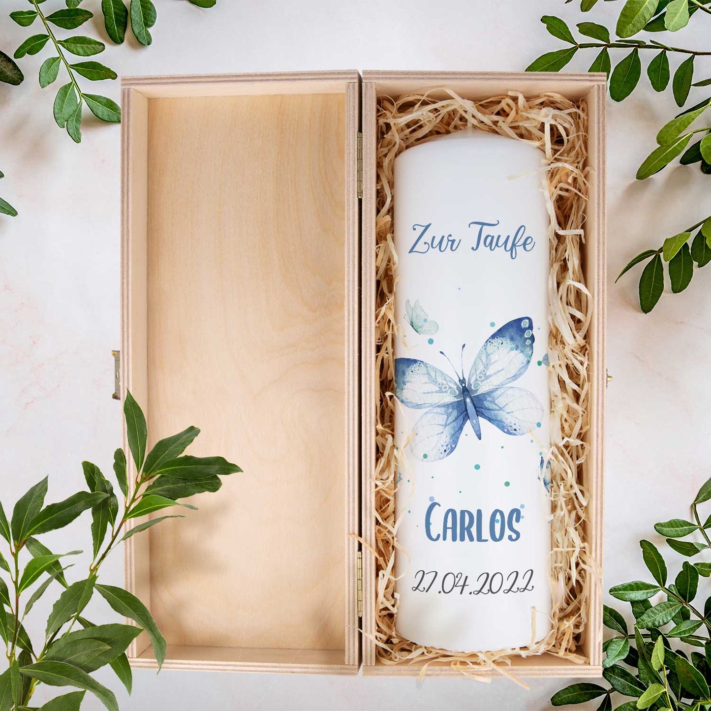 Große Kerze "Schmetterling V2" - Taufkerze mit Namen, Datum & Taufspruch