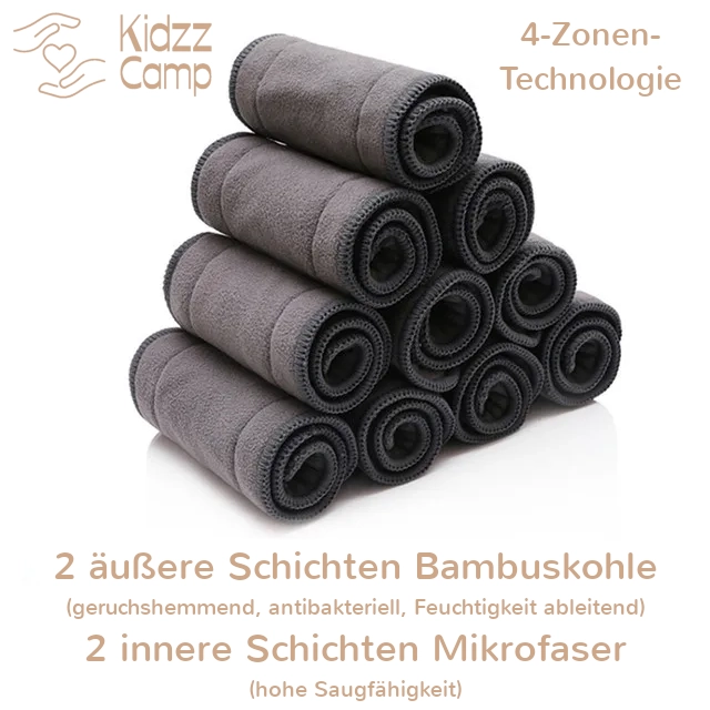 KidzzCamp 4 Lagen 2xBambuskohle und 2xMikrofaser KidzzCamp OneSize Windeleinsätze Saugeinlagen 4er Set 0-3 Jahre