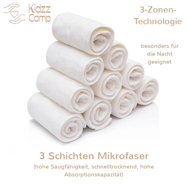 KidzzCamp 3 Lagen Mikrofaser KidzzCamp OneSize Windeleinsätze Saugeinlagen 4er Set 0-3 Jahre
