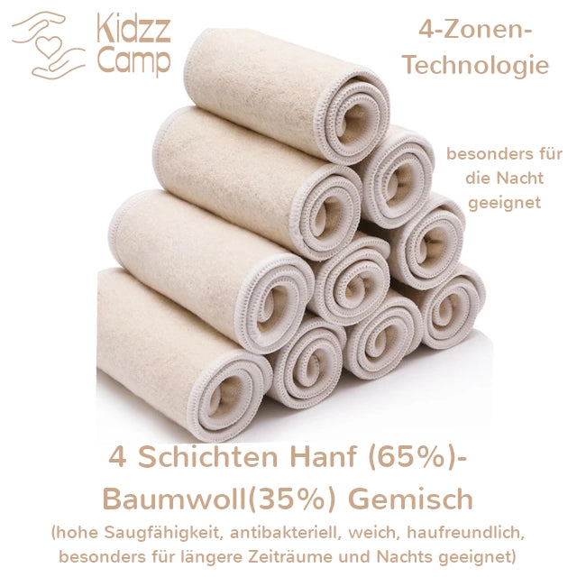 KidzzCamp 4 Lagen Hanffaser KidzzCamp OneSize Windeleinsätze Saugeinlagen 4er Set 0-3 Jahre