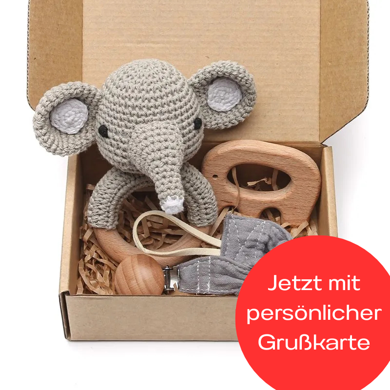 KidzzCamp Baby-Geschenkbox 3-teilig gehäkelte Rassel mit individueller Grußkarte und schnellem Versand