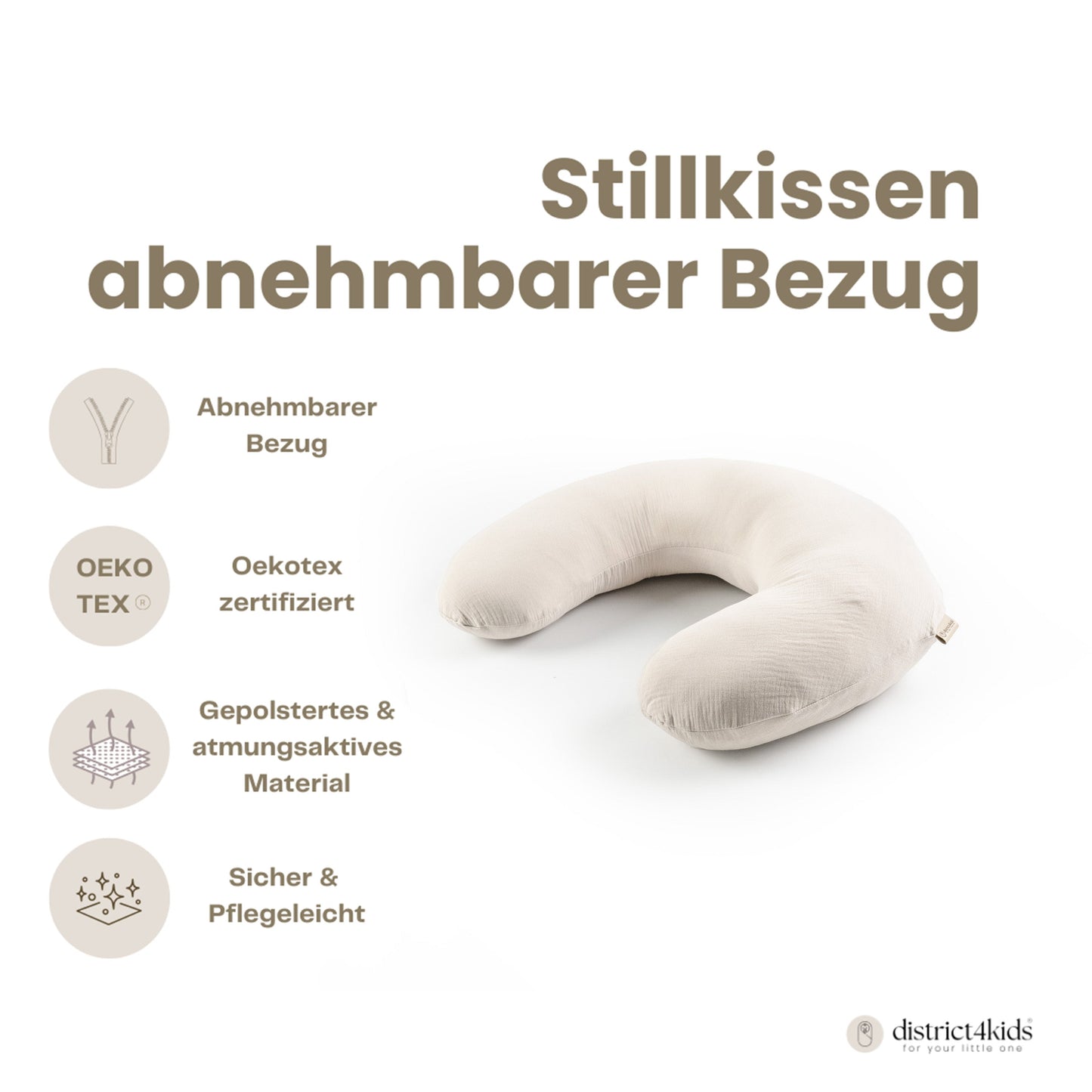 Stillkissen U-Form Musselin abnehmbaren Bezug – ergonomisch, Oeko-Tex, Halbmond