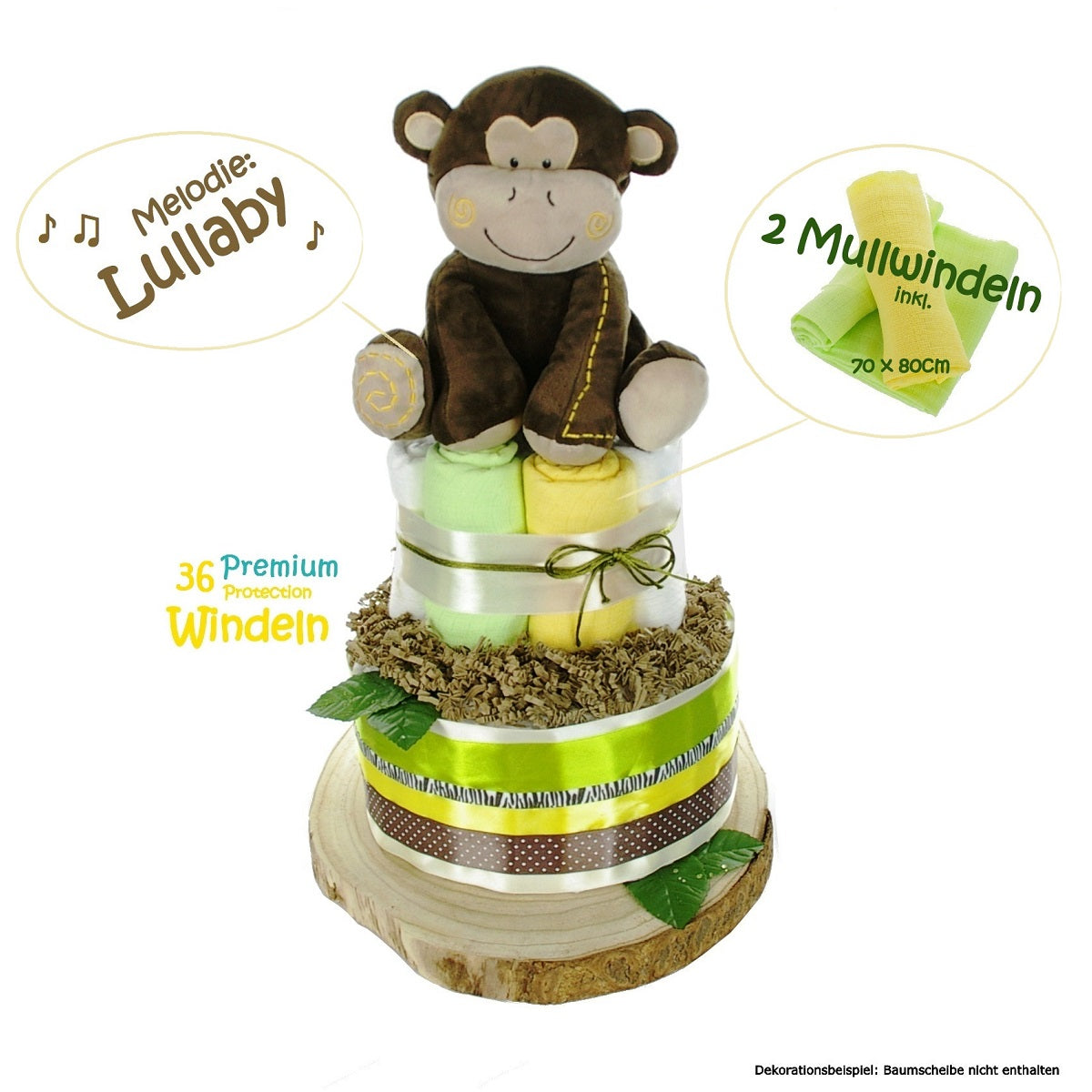 KidzzCamp große Windeltorte "Safari" mit großer Affen Spieluhr 2-stöckig