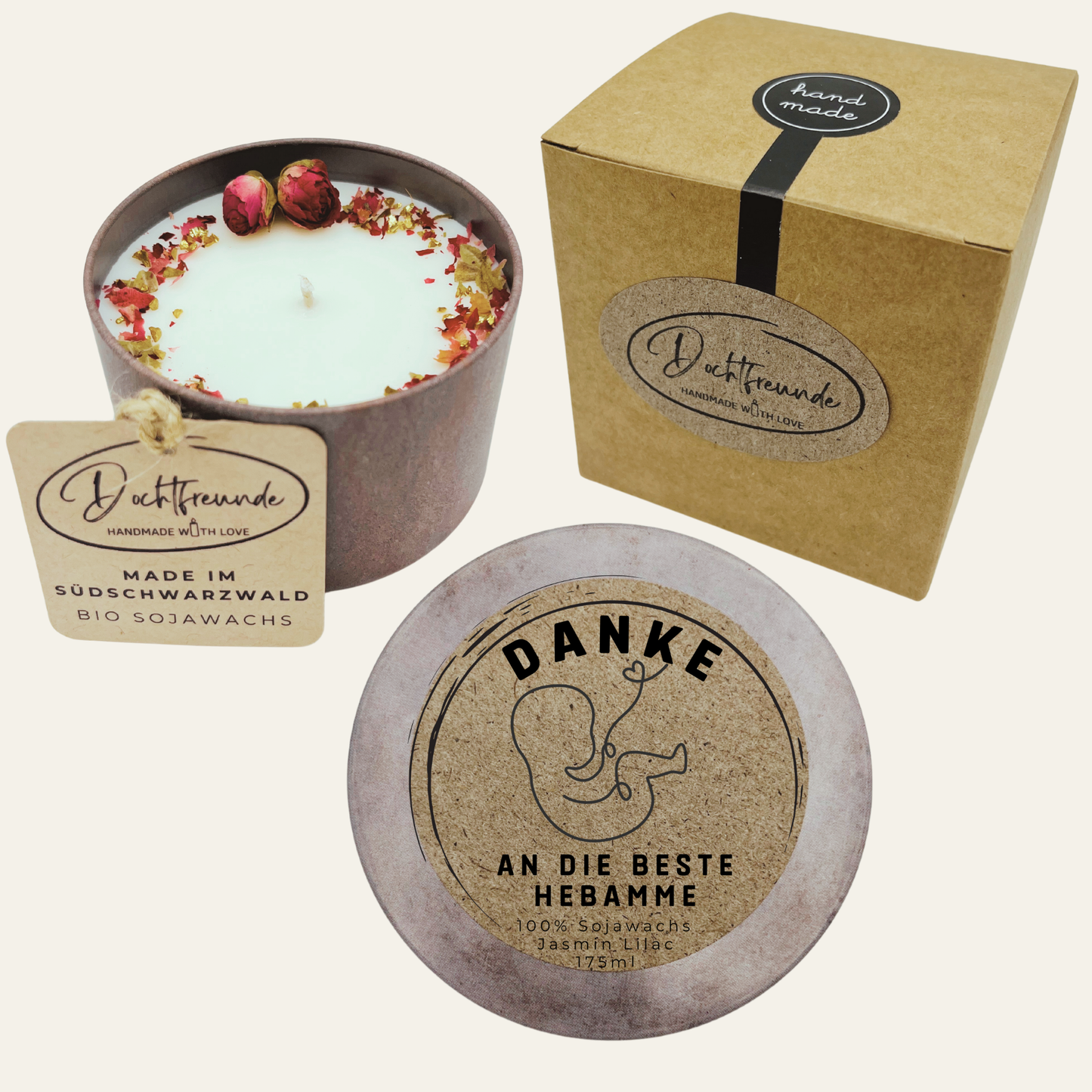 Duftkerze mit Deckel „Danke an die beste Hebamme“