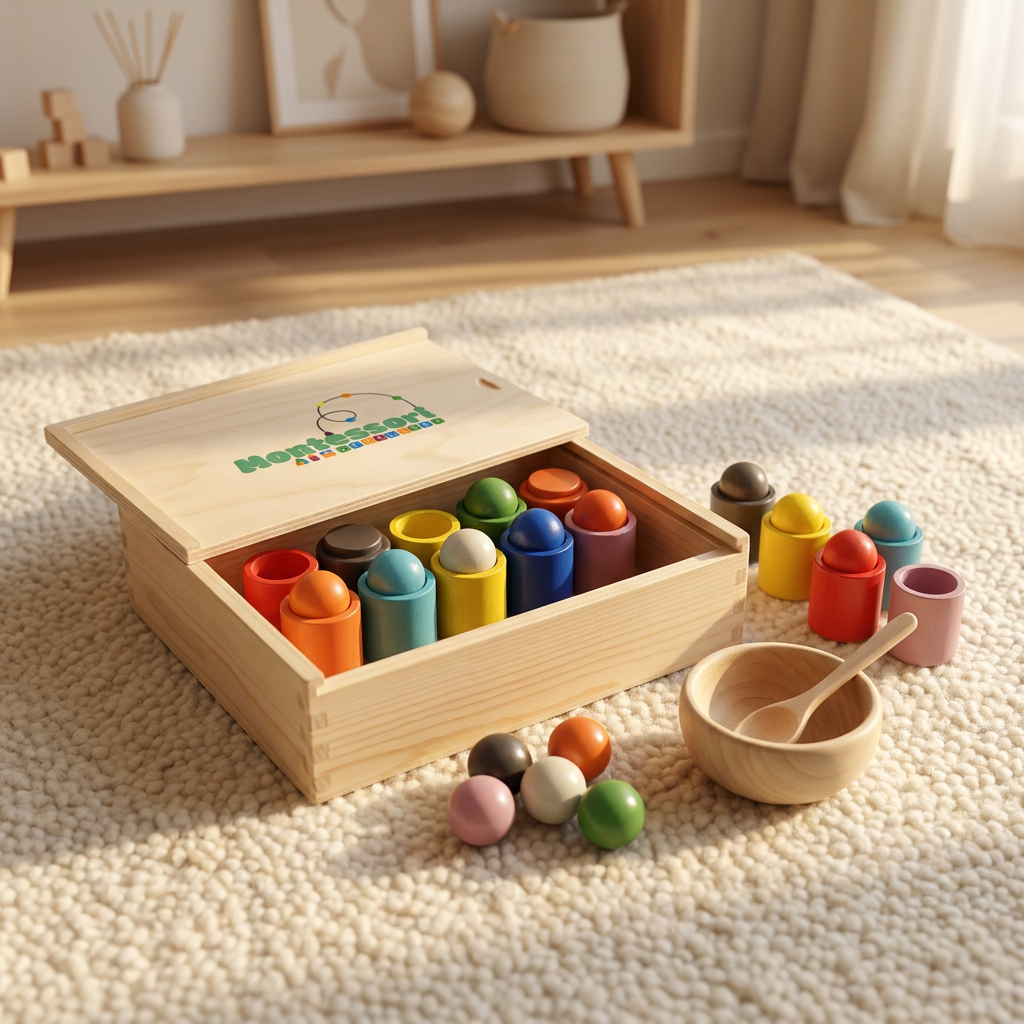 Kugel Sortier- und Zuordnungsspiel aus Holz mit 12 Farben – Puzzle für Farberkennung - im Holz Geschenkbox