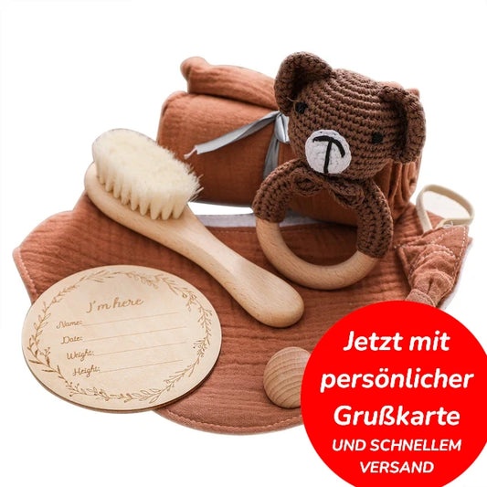 KidzzCamp Baby-Geschenkbox 6-teilig mit Musselin-Tuch 55 x 72 cm, individueller Grußkarte und schnellem Versand