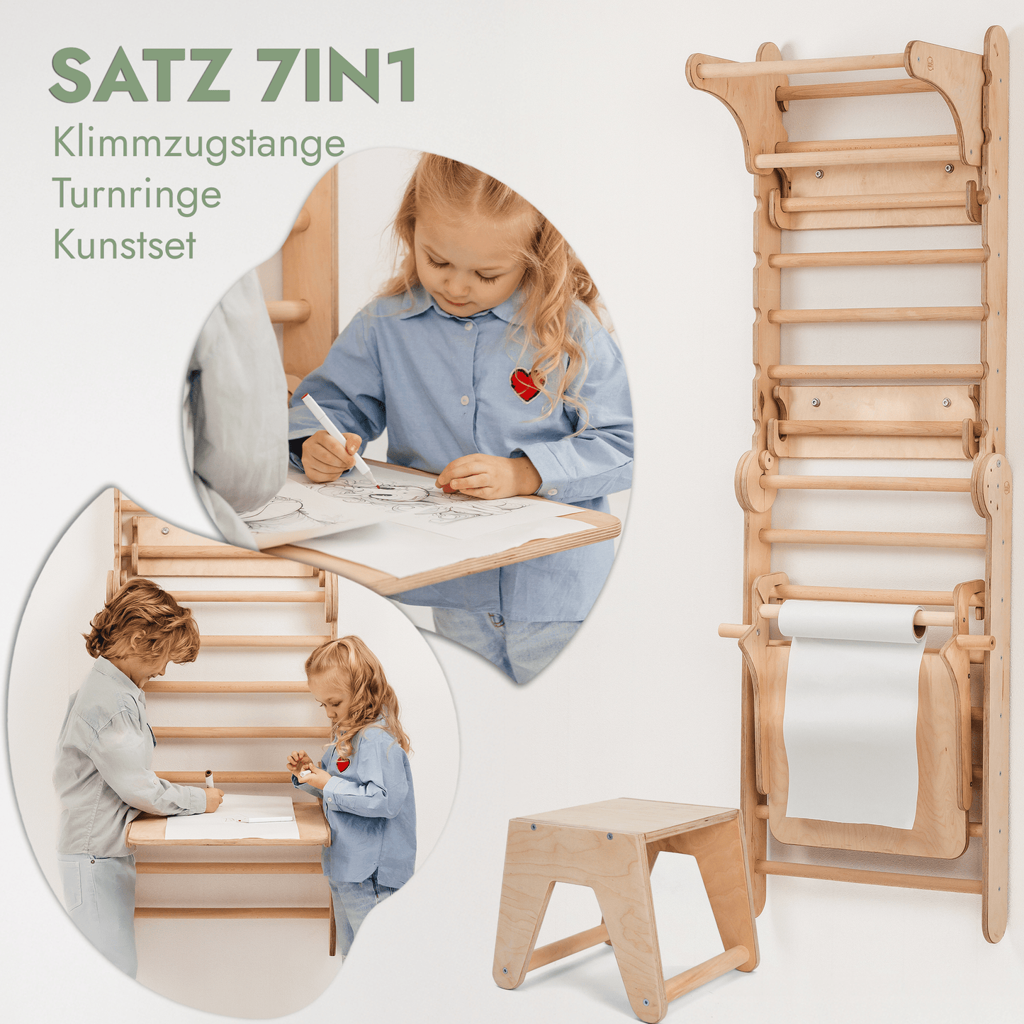 8in1 Kletterwand Indoor: Sprossenwand, Gymnastikringe, Hängende Leiter, Disc-Schaukel, Rutsche, Klimmzugstange, Maltafel und Kinderstuhl für Kinder – Beige