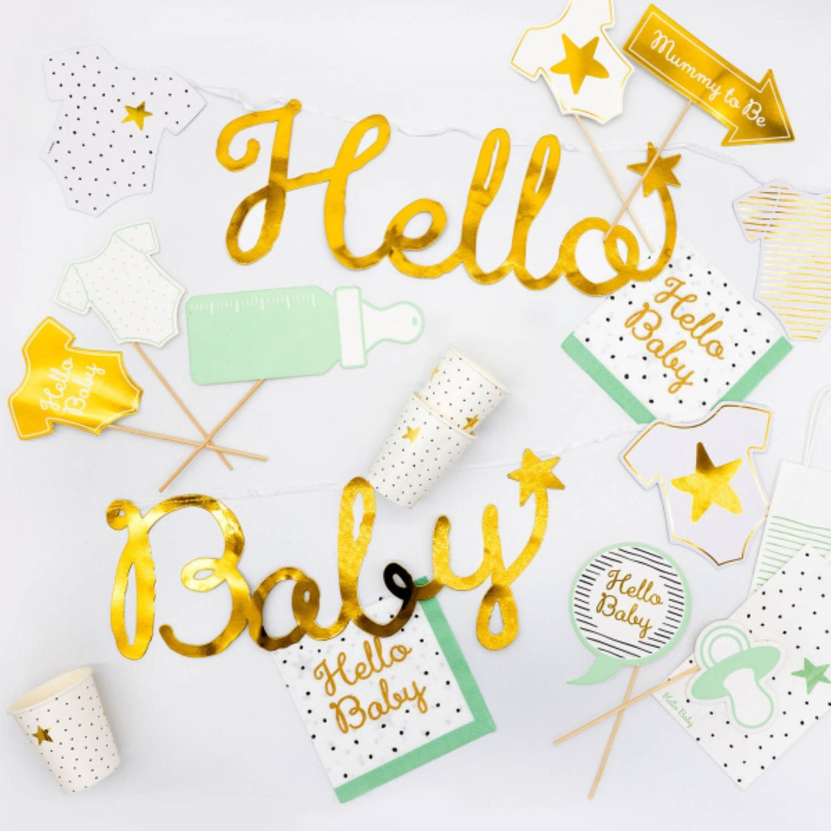"Hello Baby" Deko für Windeltorte 5-tlg. | Weiß Gold
