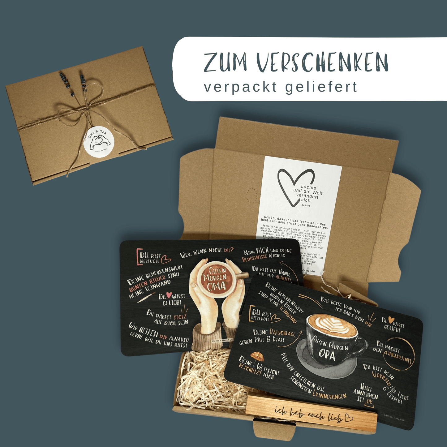 Geschenkset für Eltern: liebevolles Frühstücksbrettchen-Set für Mama und Papa mit individualisierbarem Holzhalter