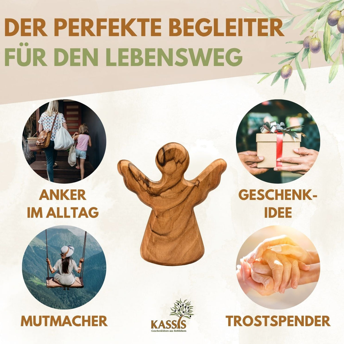 Schutzengel Handschmeichler aus Olivenholz | Kleiner Glücksbringer als Geschenk zur Taufe, Geburt & Kommunion