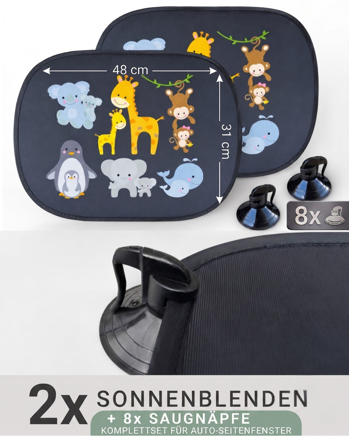 HECKBO Auto-Sonnenblenden Kinder Tierfamilien – 2er-Set