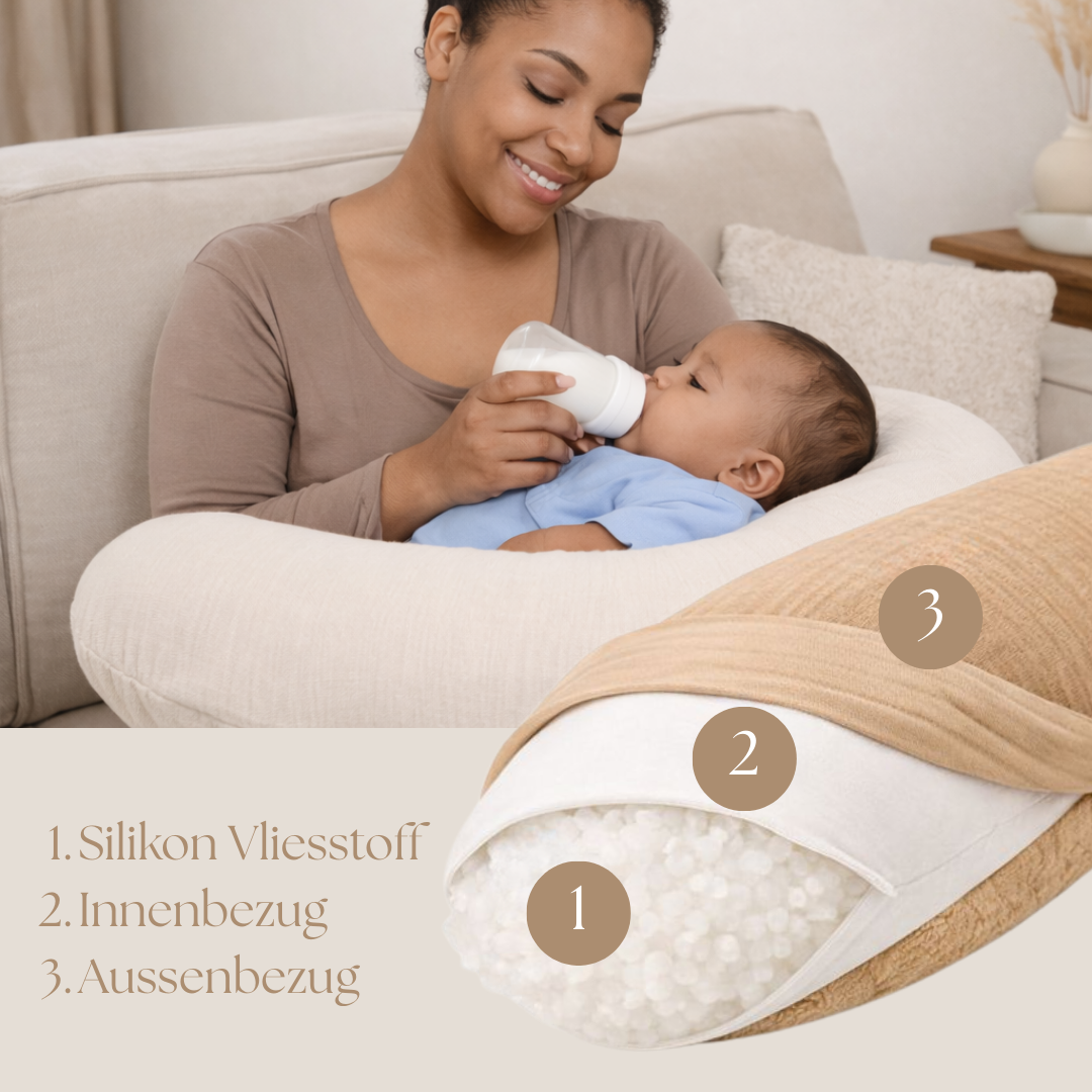 Stillkissen U-Form Musselin abnehmbaren Bezug – ergonomisch, Oeko-Tex, Halbmond