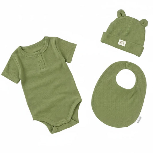 Baby Geschenkset 3-teilig Oliv – Body, Mütze & Lätzchen