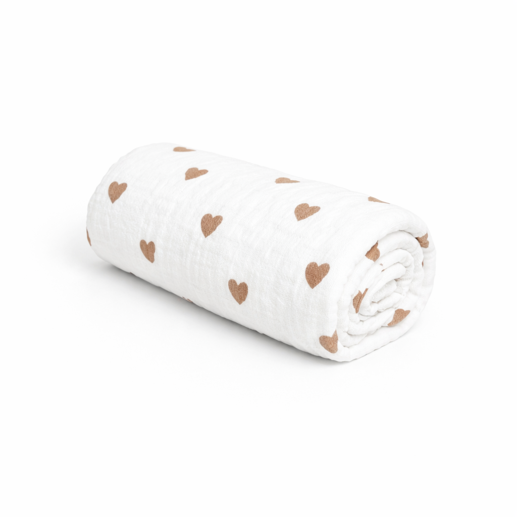 Decke Musselin Herzen braun - Mulltuch, Schmuse- & Puckdecke