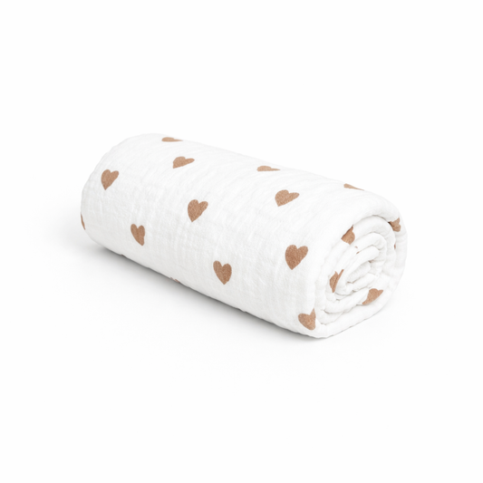 Decke Musselin Herzen braun - Mulltuch, Schmuse- & Puckdecke