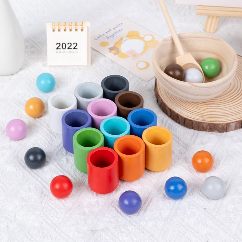 Kugel Sortier- und Zuordnungsspiel aus Holz mit 12 Farben – Puzzle für Farberkennung - im Holz Geschenkbox