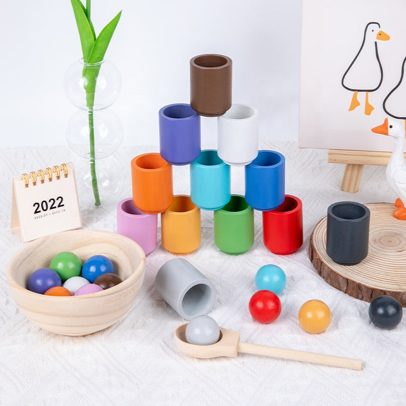 Kugel Sortier- und Zuordnungsspiel aus Holz mit 12 Farben – Puzzle für Farberkennung - im Holz Geschenkbox