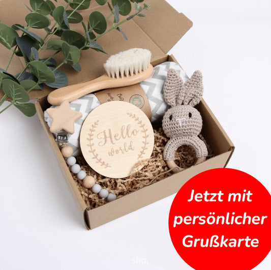KidzzCamp Baby-Geschenkbox 5-teilig mit Musselin-Pucktuch 120 x 120 cm mit individueller Grußkarte und schnellem Versand