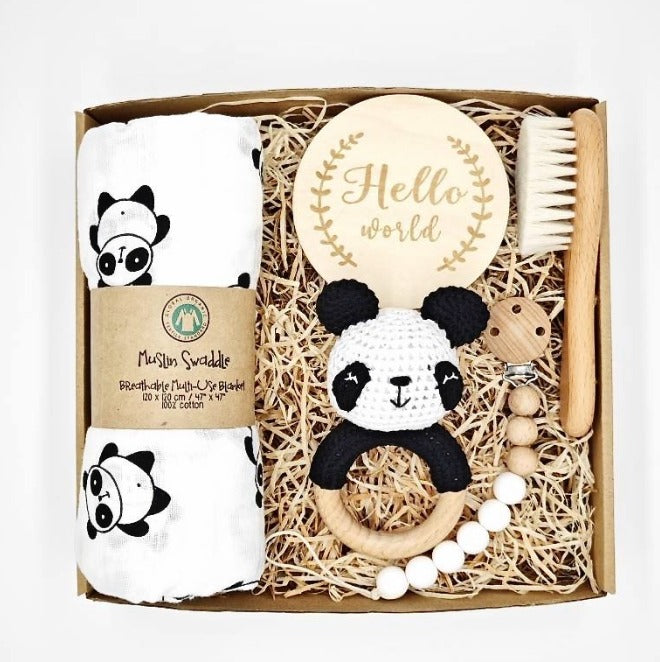 KidzzCamp Panda weiss KidzzCamp Baby-Geschenkbox 5-teilig mit Musselin-Pucktuch 120 x 120 cm