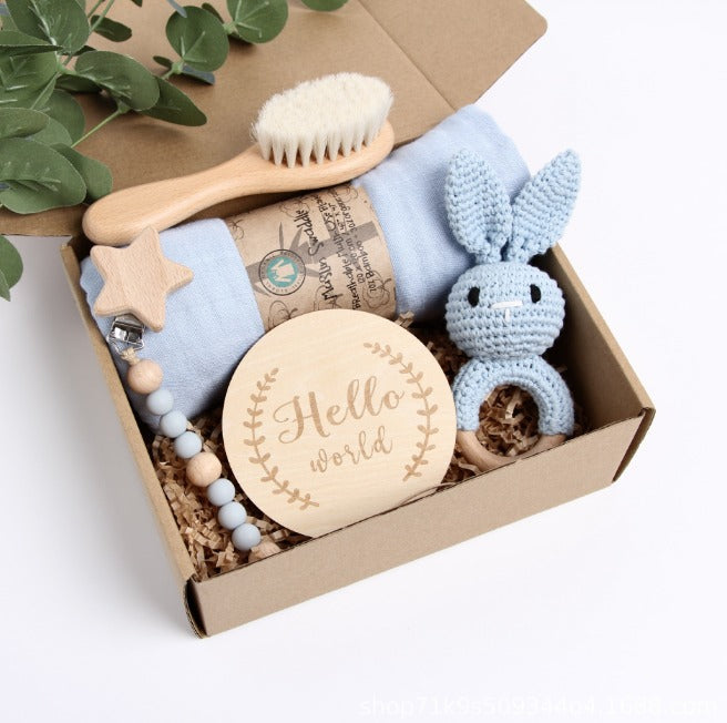 KidzzCamp Hase blau KidzzCamp Baby-Geschenkbox 5-teilig mit Musselin-Pucktuch 120 x 120 cm