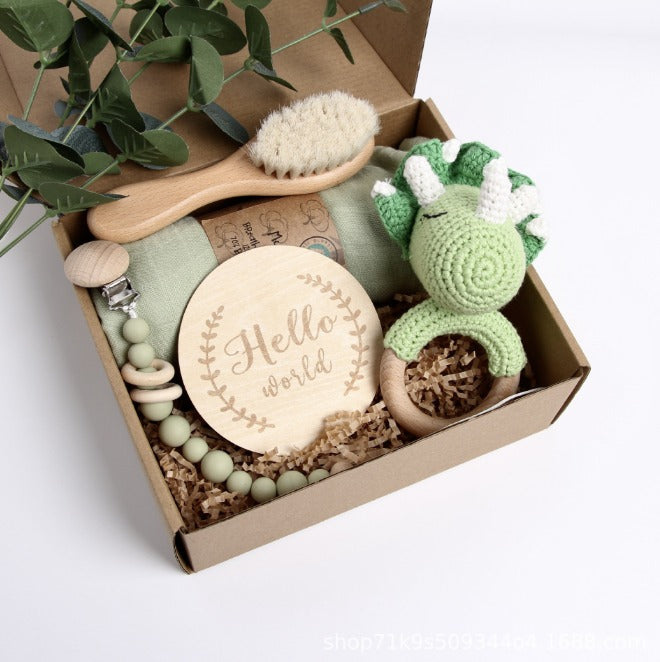 KidzzCamp Dino grün KidzzCamp Baby-Geschenkbox 5-teilig mit Musselin-Pucktuch 120 x 120 cm