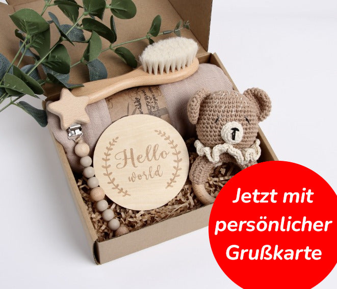 KidzzCamp Baby-Geschenkbox 5-teilig mit Musselin-Pucktuch 120 x 120 cm mit individueller Grußkarte und schnellem Versand