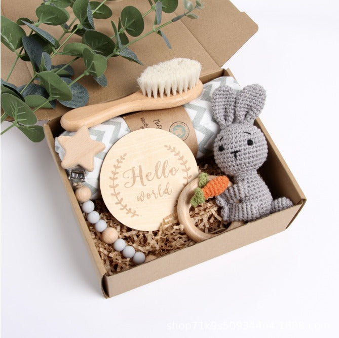 KidzzCamp Hase seitlich KidzzCamp Baby-Geschenkbox 5-teilig mit Musselin-Pucktuch 120 x 120 cm