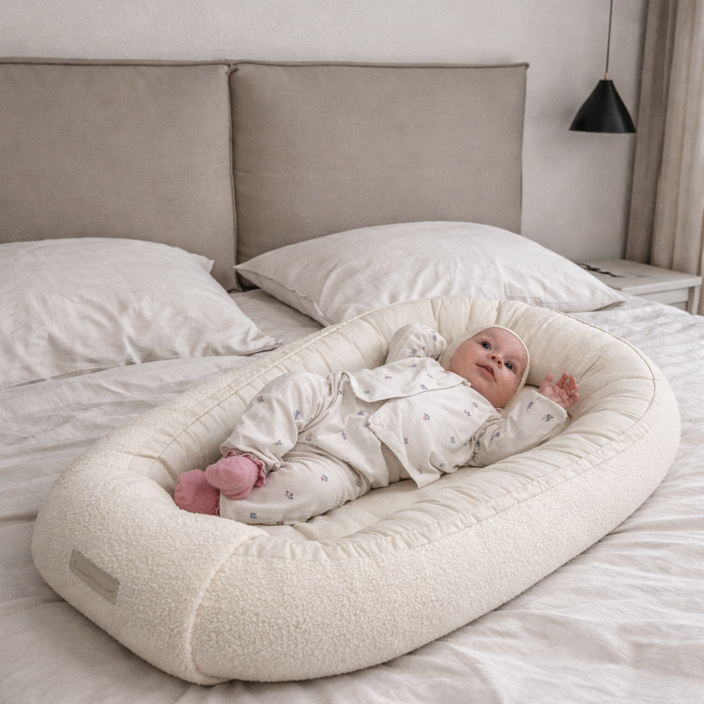 Babynestchen Teddystoff-Bouclé – mitwachsender Baby-Kokon