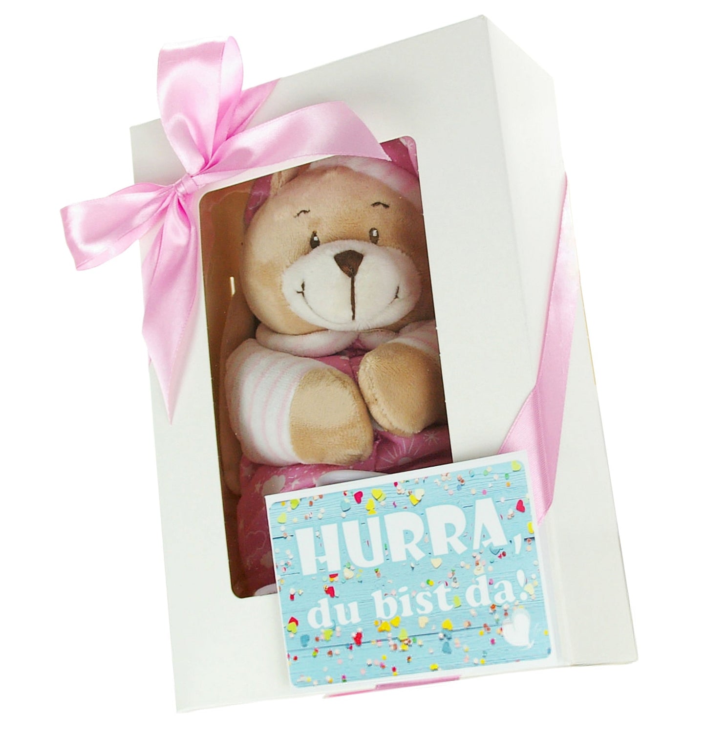 KidzzCamp Baby Musikspieluhr in blau oder rosa Geschenkbox Spieluhr Bär + Grußkarte