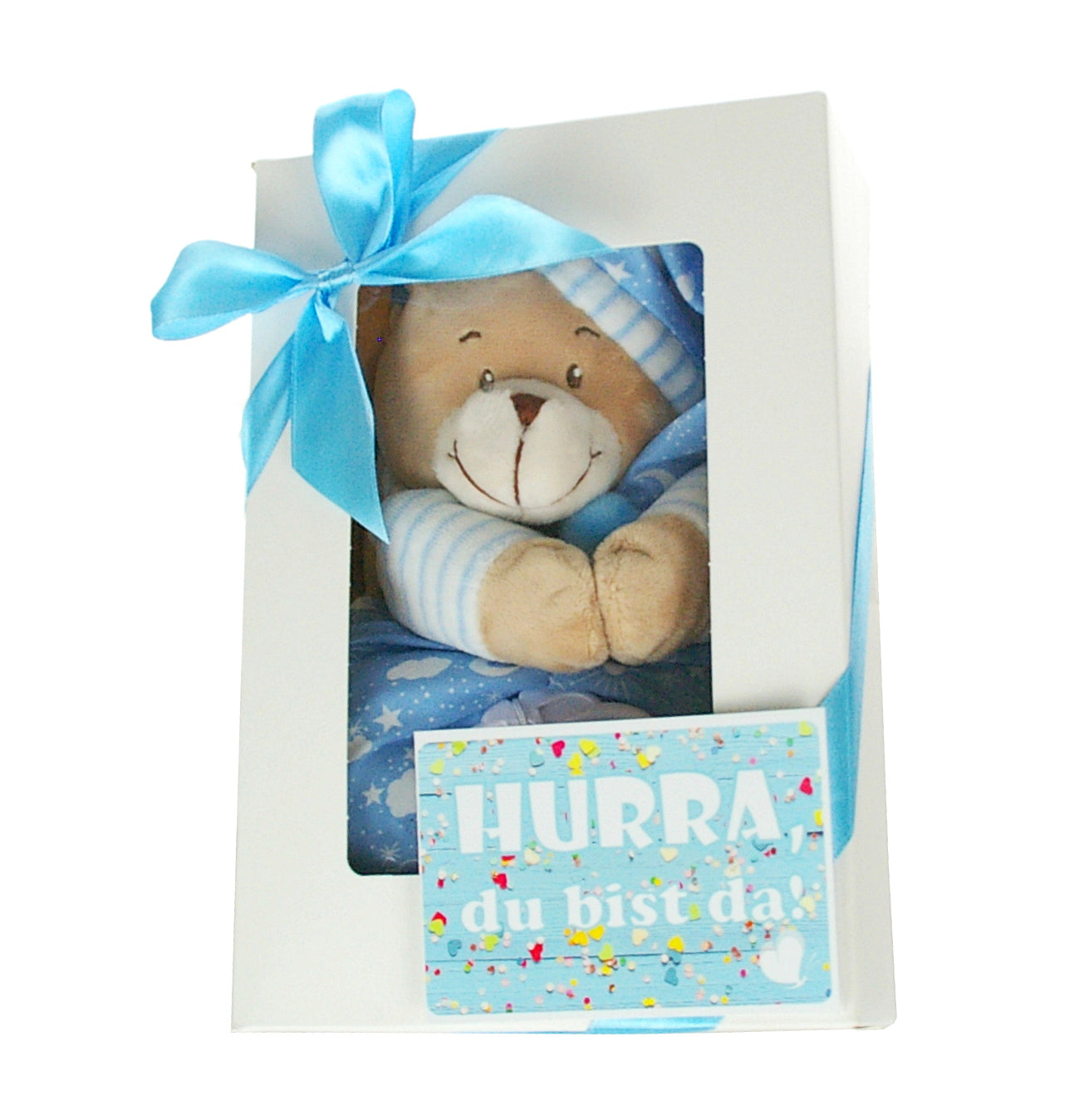 KidzzCamp Baby Musikspieluhr in blau oder rosa Geschenkbox Spieluhr Bär + Grußkarte