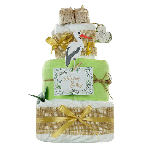 Kidzzcamp große Windeltorte "Storch grün" mit Babybooties und Mullwindel