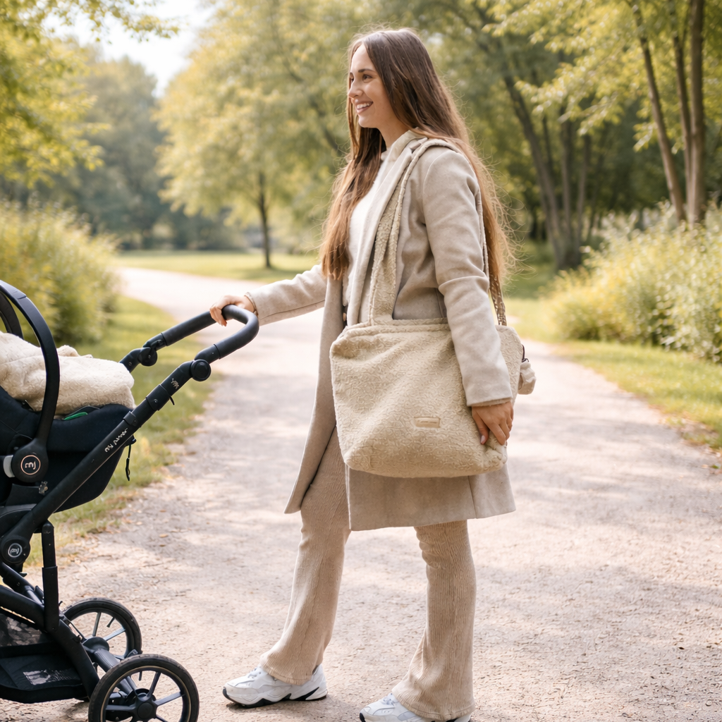 Shopper Mom Bag Bouclé Teddystoff- Ideal für den Alltag, Kinderwagen, Cross Shoulder