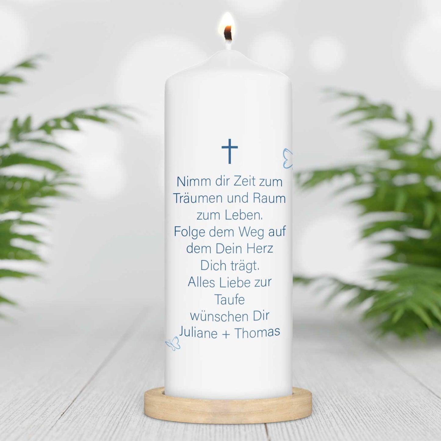 Große Kerze "Schmetterling" - Taufkerze mit Namen, Datum & Taufspruch