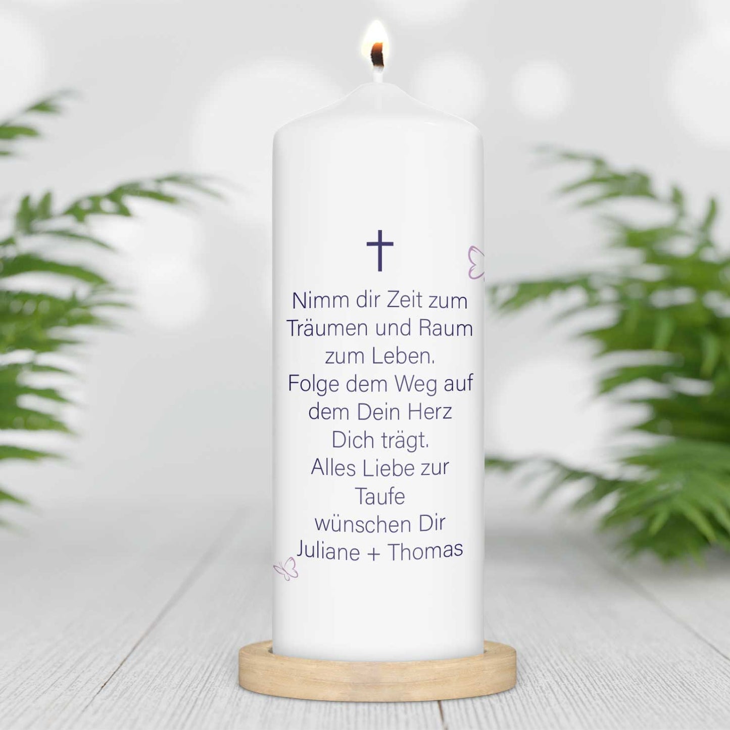 Große Kerze "Schmetterling" - Taufkerze mit Namen, Datum & Taufspruch