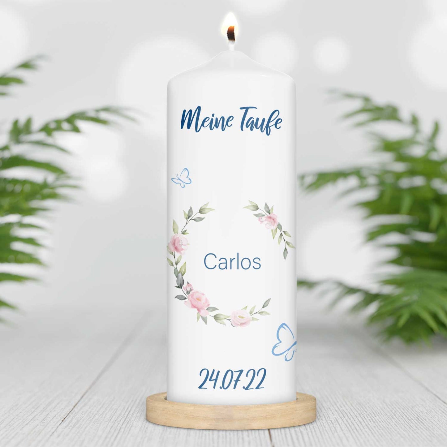 Große Kerze "Schmetterling" - Taufkerze mit Namen, Datum & Taufspruch