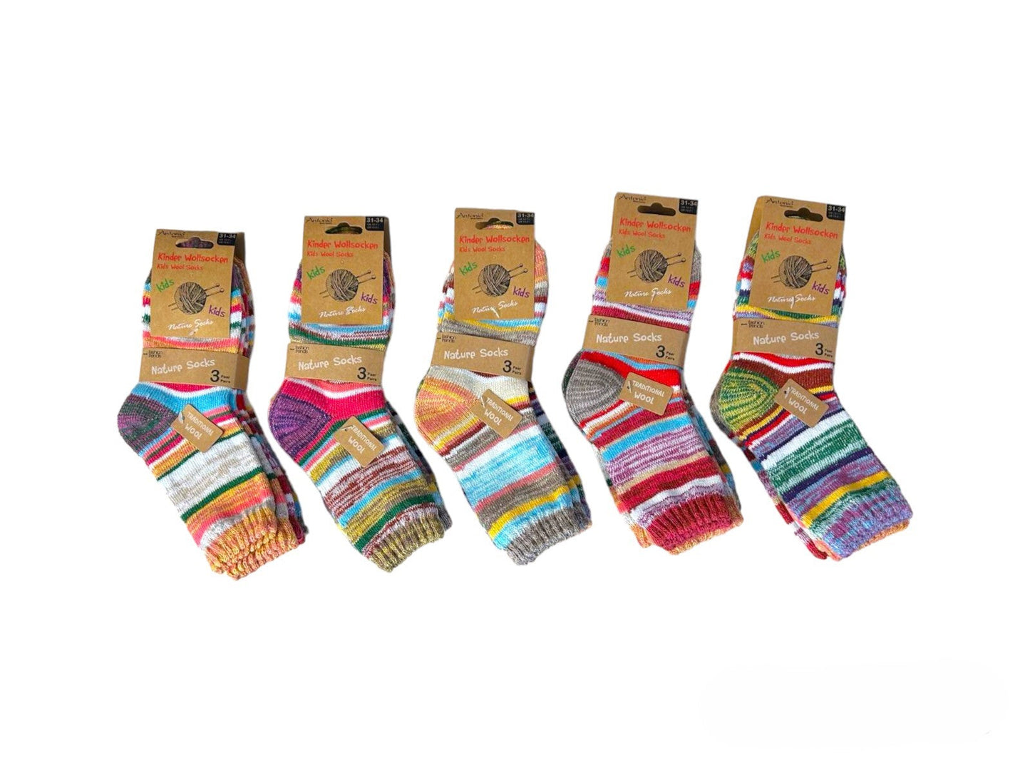 Kinder Wollsocken 3er Pack geringelte Strümpfe Wintersocken für Kinder