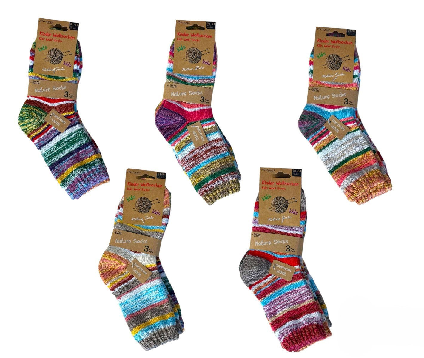 Kinder Wollsocken 3er Pack geringelte Strümpfe Wintersocken für Kinder