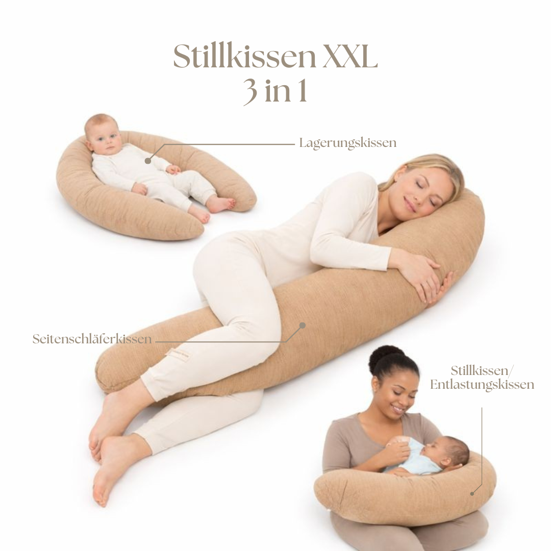 Stillkissen & Schwangerschaftskissen Musselin XXL | Herzen braun