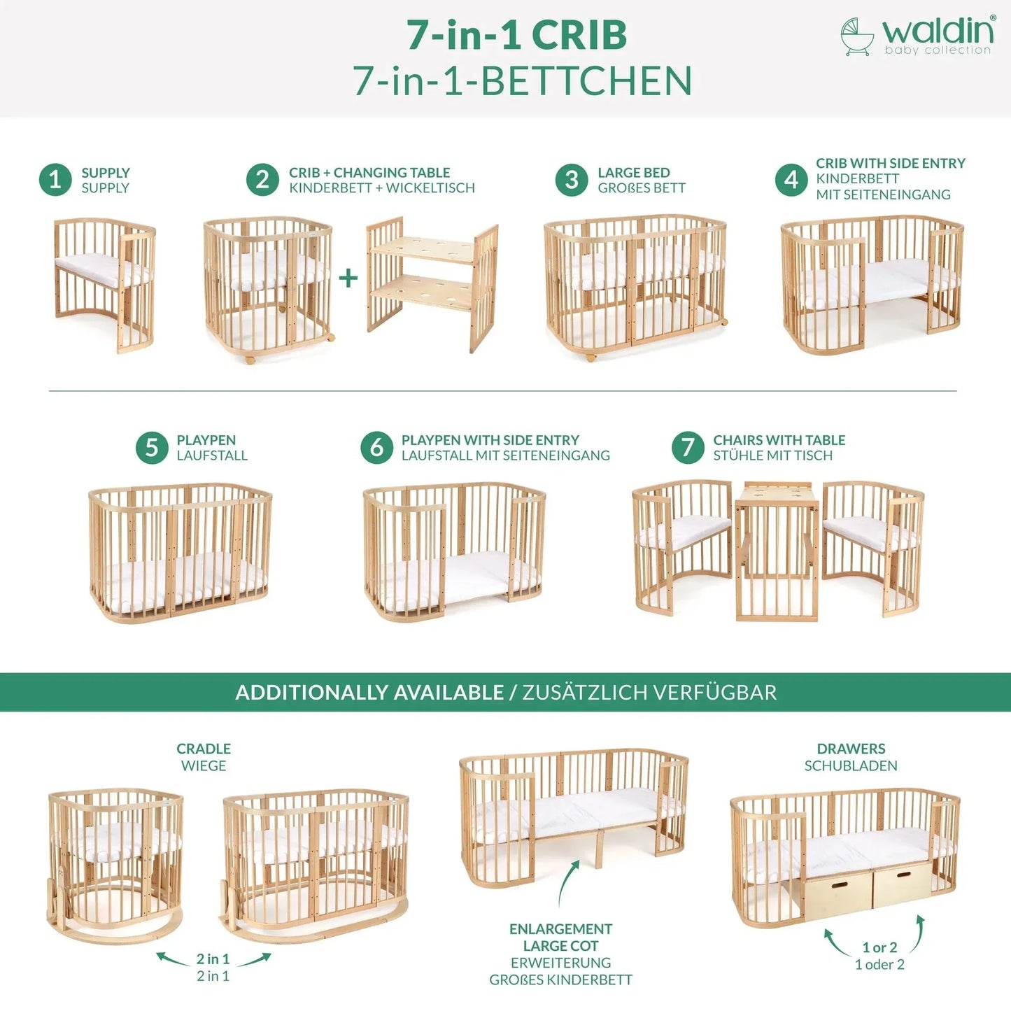 Babybett 7-in-1 – Ein Bett für viele Jahre - mitwachsend | Quadratische Form