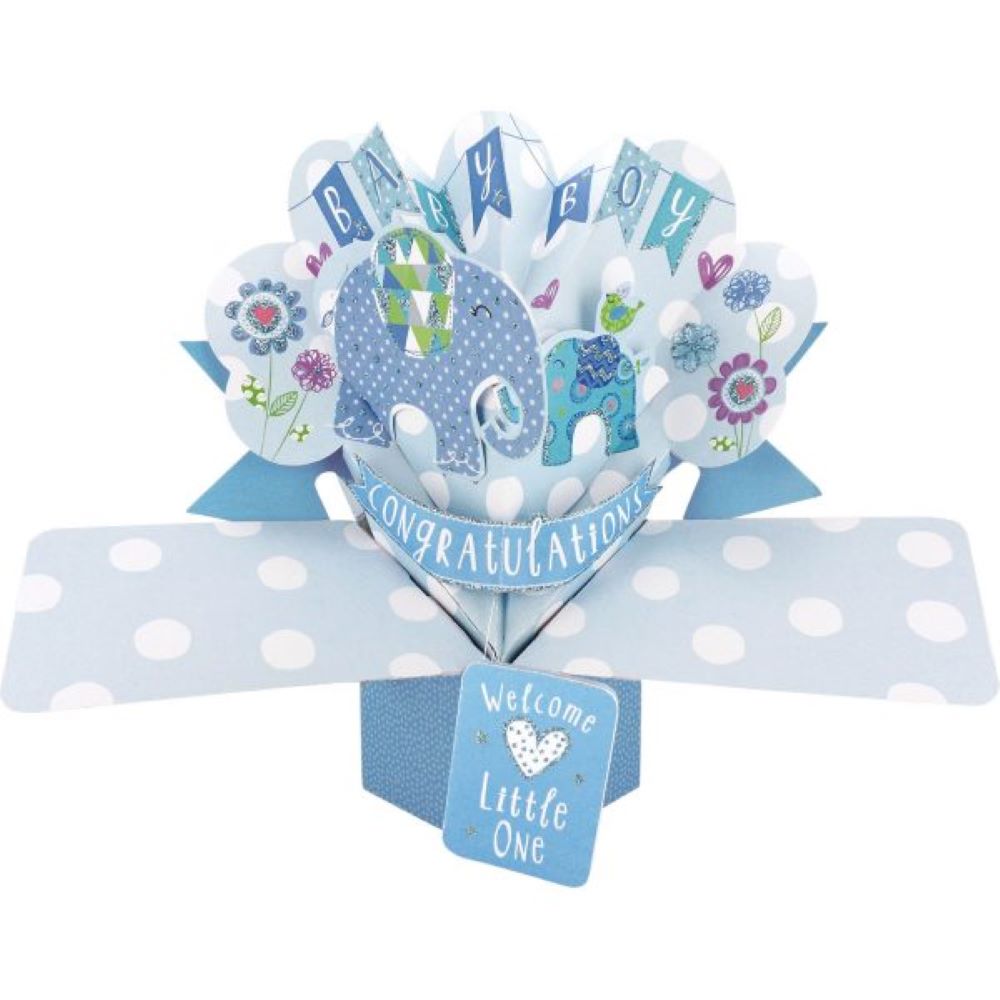 Grußkarte PopUp "Baby Boy" Elefant Babyparty Dekoration für Jungs