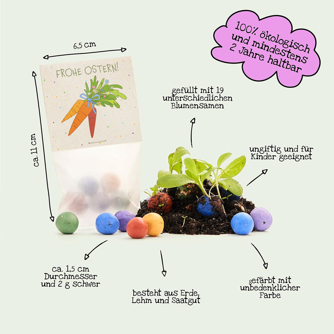 10x5 Blumenmurmeln im Tütchen "Möhren" - Frohe Ostern