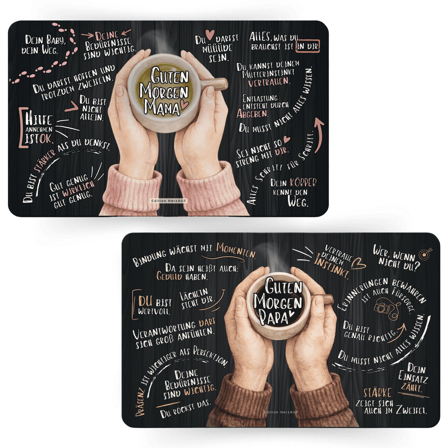 Frühstücksbrettchen Set für neue Eltern zur Geburt "Guten Morgen Mama und Papa“