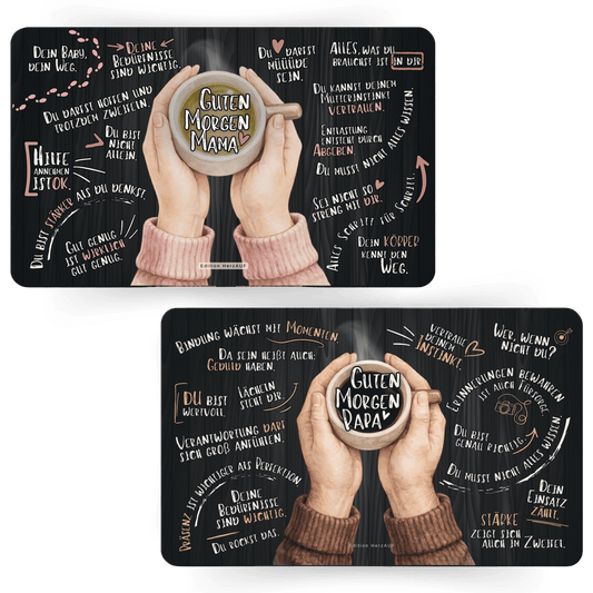 Frühstücksbrettchen Set für neue Eltern zur Geburt "Guten Morgen Mama und Papa“