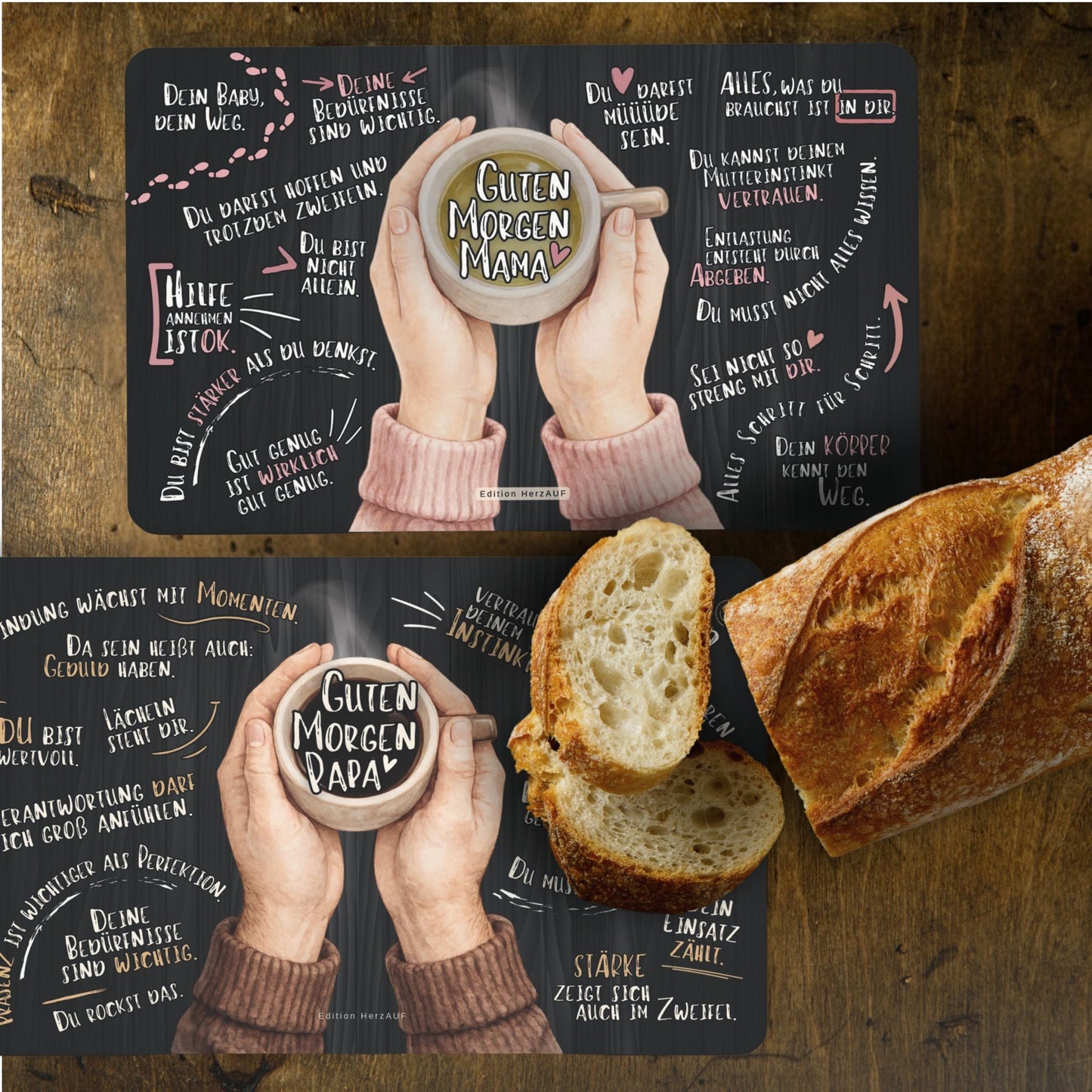 Frühstücksbrettchen Set für neue Eltern zur Geburt "Guten Morgen Mama und Papa“