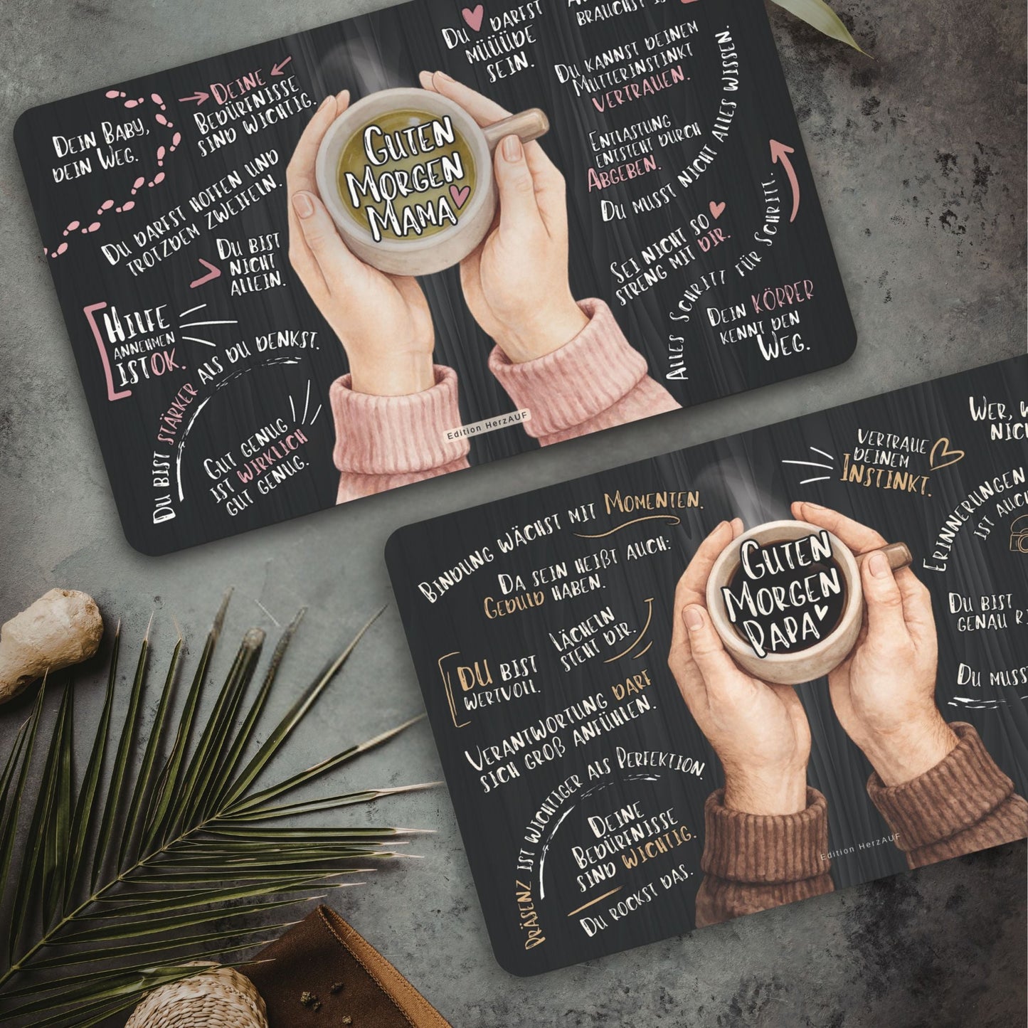 Frühstücksbrettchen Set für neue Eltern zur Geburt "Guten Morgen Mama und Papa“